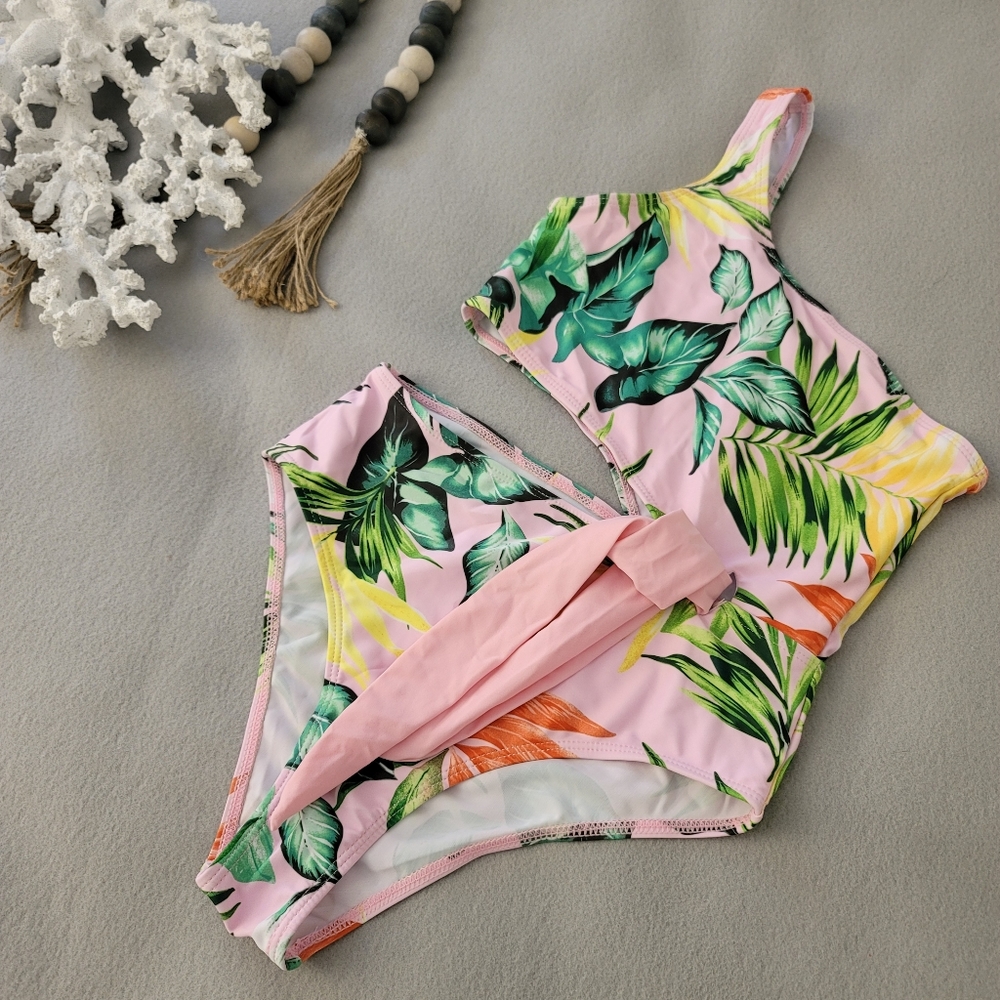 kids One Piece FLORAL Cutout One Shoulder Bathing Suit Swimsuit SIZE 164 (13-14) - Picture 1 of 4